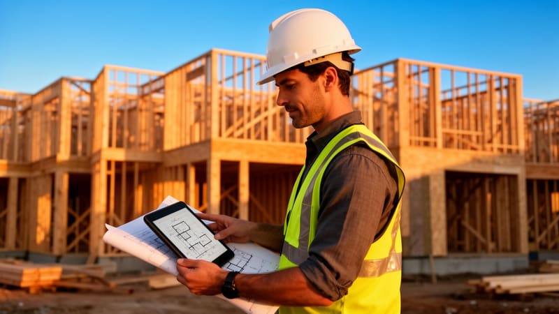 General contractor on a residential framing jobsite reviewing plans on a tablet